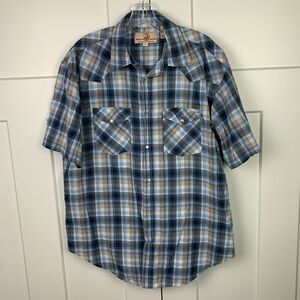 Men’s LARGE Blue Plaid Pearl Snap Front Shirt Short Sleeve Western Rodeo Outdoor